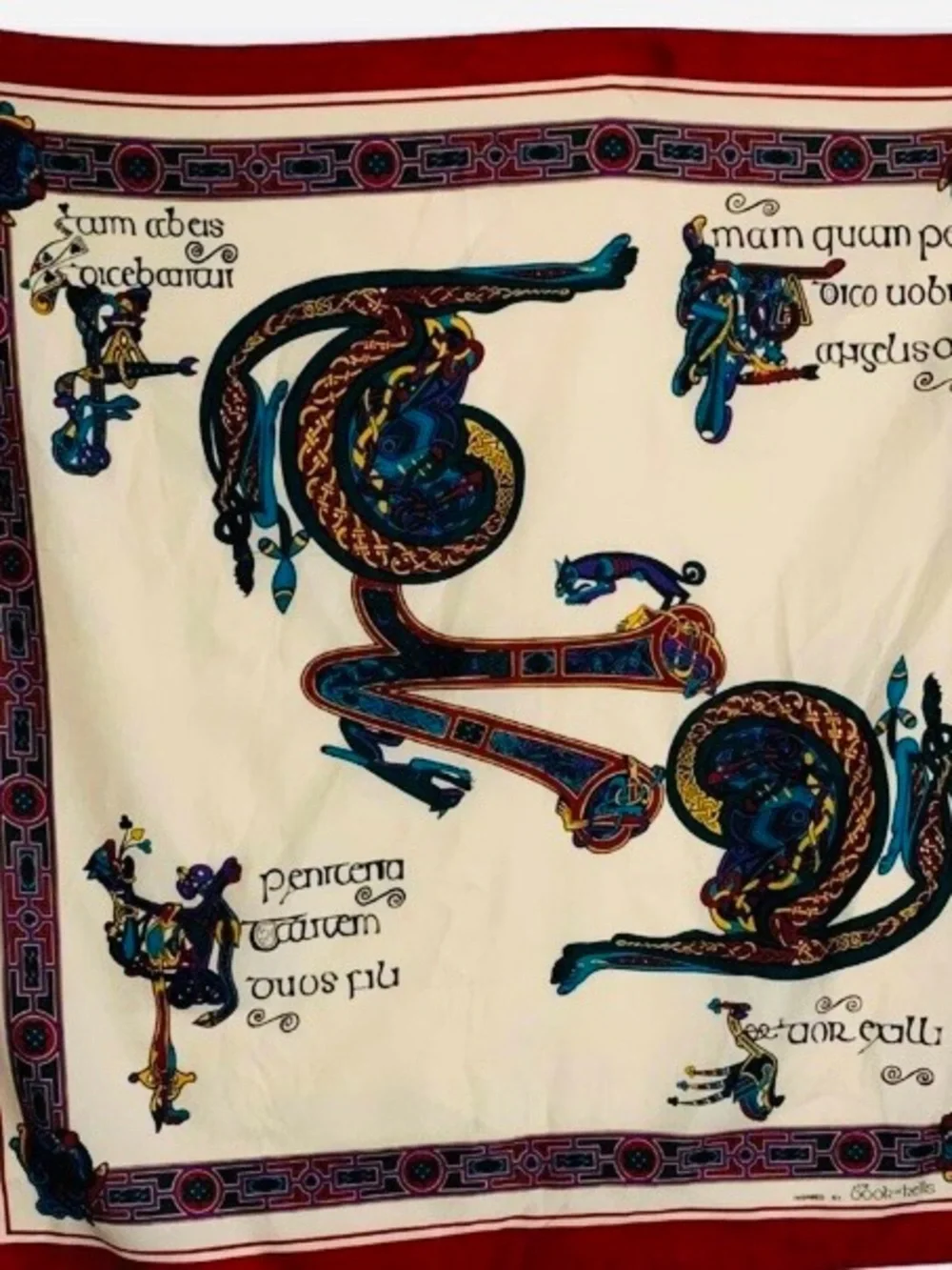 Celtic Dragon Scarf in Ivory, Green, Red, Blue inspired by the Book of Kells.